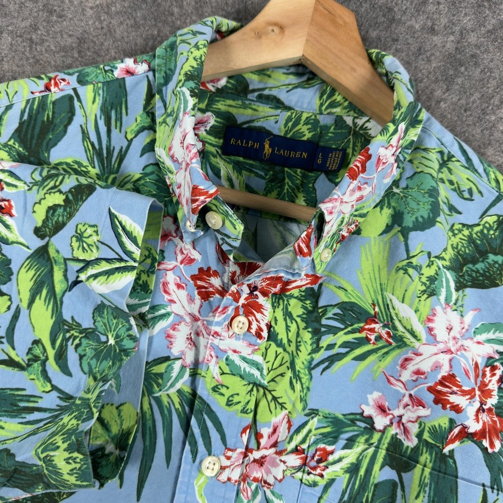 Ralph Lauren Shirt Mens Large Blue Tropical Floral Hawaiian Short Sleeve Cotton